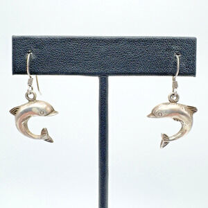 Vintage Sterling Silver Dolphin Earrings Dangle Porpoise Beach Ocean 1.25"